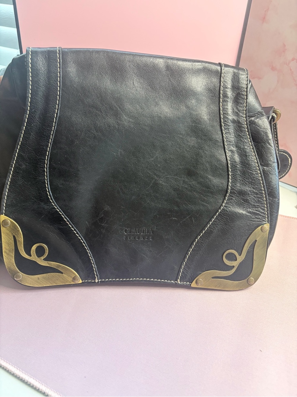 Claudia Firenze Black Leather Shoulder Bag with Brass Corner Accents